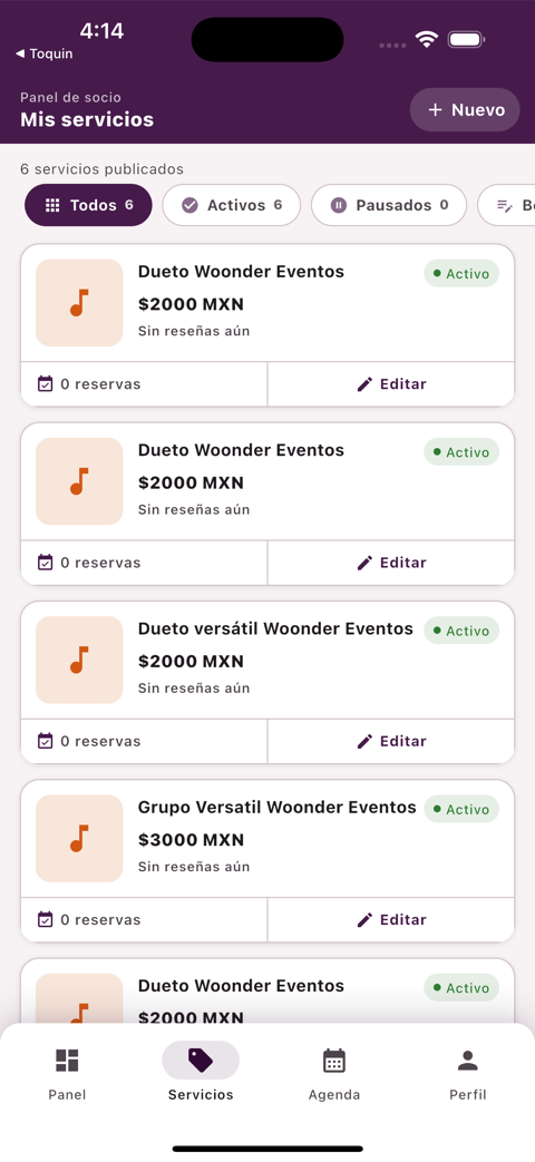 Pantalla de gestión de servicios publicados en la app Toquin Socios