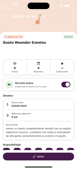 Pantalla de detalle de un servicio publicado en la app Toquin Socios